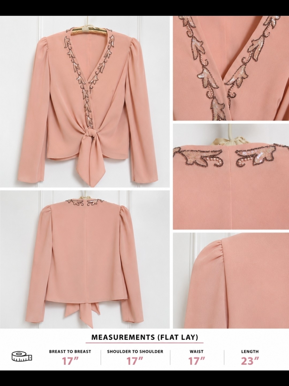 Tie-Front Embellished V-Neck Blouse in Dusty Rose